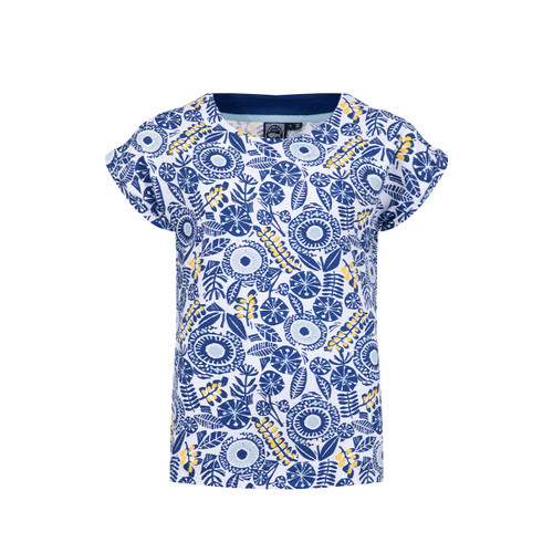 Front view of a white short-sleeve printed tee with blue floral and leaf pattern, small yellow accents, and a navy inner neckline.