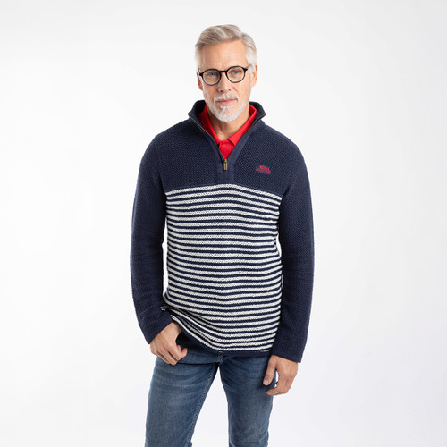 Front view of a model wearing the navy textured half-zip jumper with white striped panel and jeans.