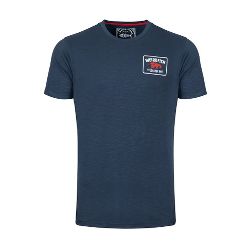 Front view of a navy short-sleeve graphic t-shirt with a small Weird Fish “Lobster Pot” chest print.