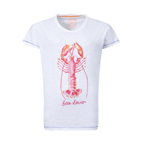 Front view of a white short-sleeve t-shirt with a pink and orange lobster graphic and “Sea Lover” text.
