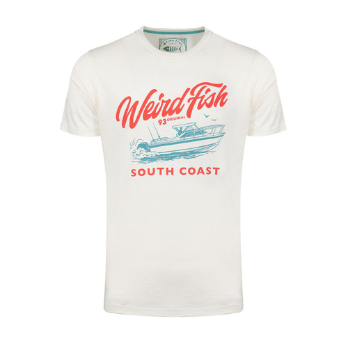 Front view of an off-white short-sleeve graphic t-shirt with “Weird Fish South Coast” text and a boat illustration.