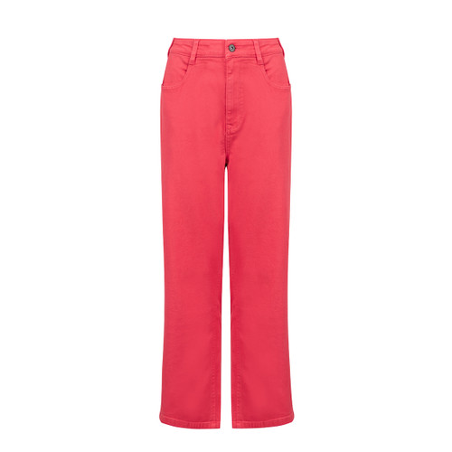 Front view of bright pink cropped jeans with a high waist, button fastening and front pockets on a white background.