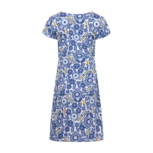 Blue and white short-sleeve midi dress with an all-over floral and geometric print, shown on a plain background.