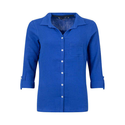 Blue long-sleeve button-up shirt with rolled cuffs, collared neckline, and single chest pocket on a white background.
