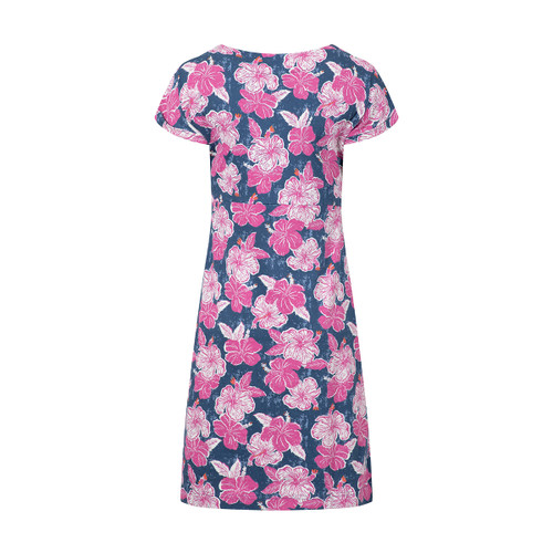 View of a navy short-sleeve dress with an all-over pink and white hibiscus floral print, featuring a fitted waist seam and a straight midi-length skirt.