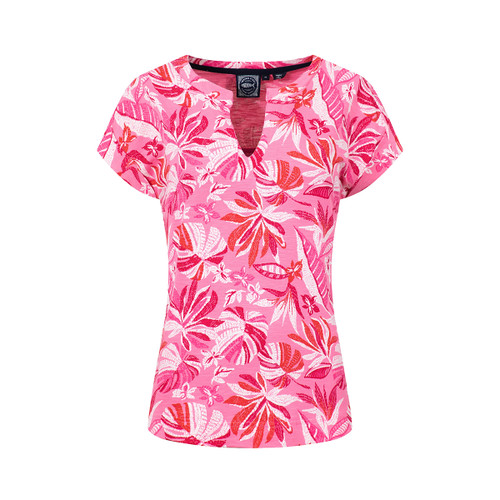 Pink V-neck short-sleeve top with all-over tropical leaf print in shades of pink, red and white.
