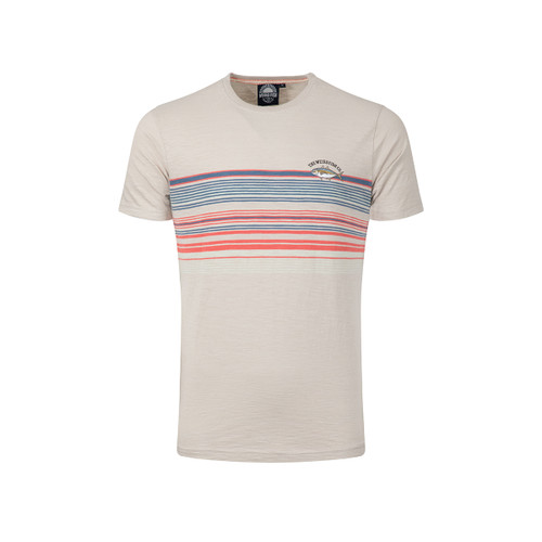 Light beige short-sleeve T-shirt with horizontal blue and coral stripes across the chest and a small fish logo on the left chest, shown on a white background.