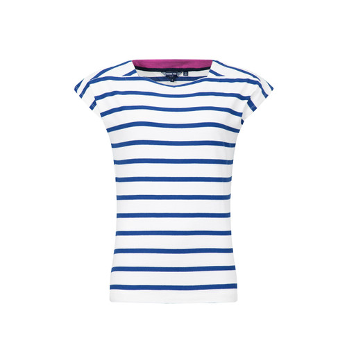 Front view of a woman’s white jersey top with navy horizontal stripes, V-neckline and cap sleeves.