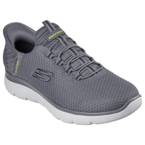 A grey athletic trainer with a textured mesh design, featuring a white sole, elastic bands instead of laces, and green branding accents for a modern look.