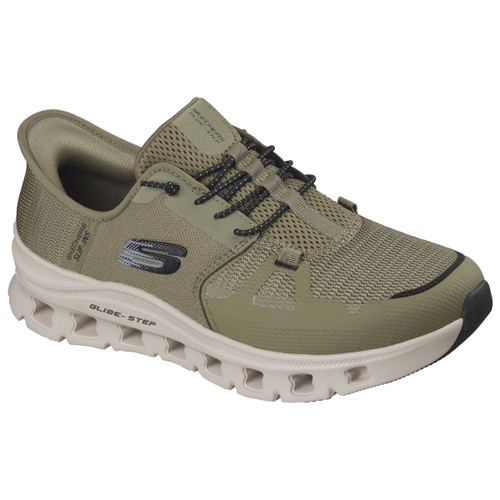 Olive green athletic shoe with breathable mesh upper, black laces, and white, cushioned sole featuring a "Glide-Step" design, offering a sporty look.