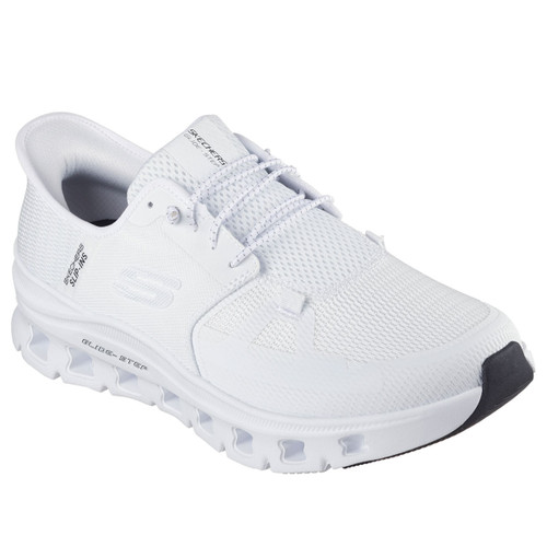Sleek white athletic shoe with mesh fabric, lace-up design, and textured sole. Features subtle branding and a black toe cap, conveying modern style.