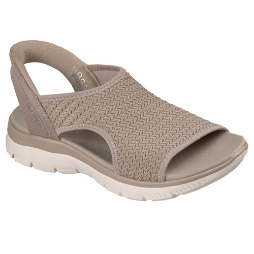 Beige open-toe sandal with a textured, woven upper and cushioned white sole. Features a comfortable heel strap, conveying a casual vibe.
