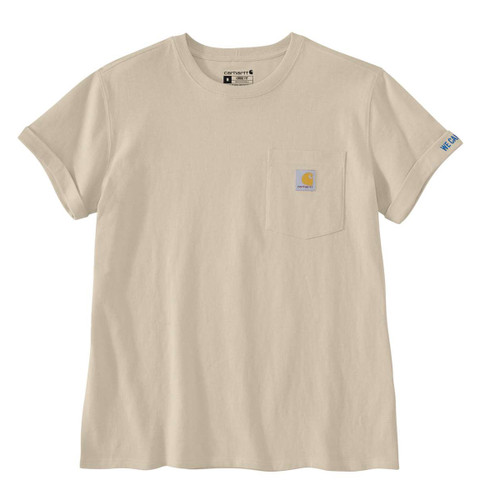 Front view of an oat milk Carhartt T-shirt with a chest pocket and Carhartt logo patch, shown on a plain background.