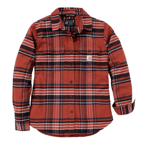 Front view of a Carhartt long-sleeve flannel shirt in spice red plaid, featuring button closure and two chest pockets with a logo patch.