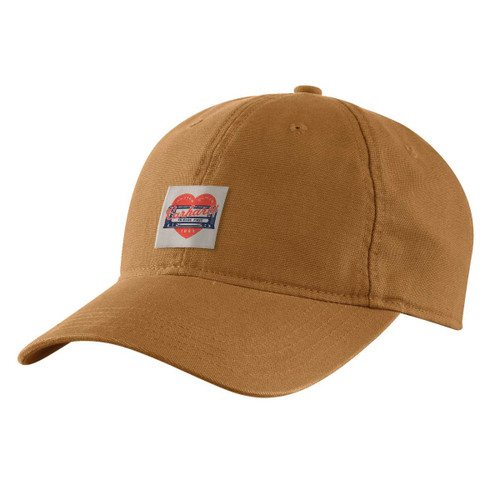Brown canvas Carhartt cap with curved brim and heart logo patch on the front panel
