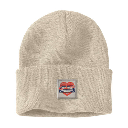 Cream knit Carhartt beanie with folded cuff and heart logo patch on the front.