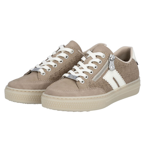 Pair of taupe lace-up trainers with an embossed pattern, white laces and side zip, shown on a white background.