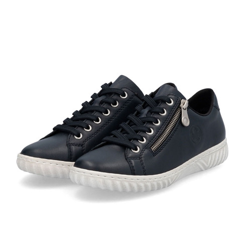 Pair of navy lace-up trainers with a side zip and white textured sole, shown at an angle.