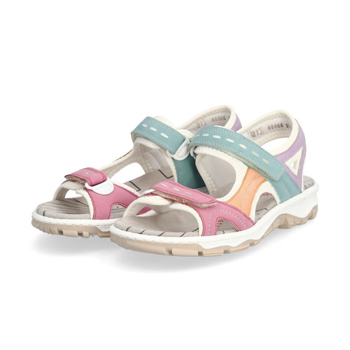 Pair of pastel Rieker sandals with adjustable straps, shown in a three-quarter view on a white background.