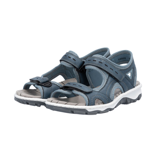 Blue Rieker sandals shown as a pair, featuring adjustable straps and a cushioned footbed.