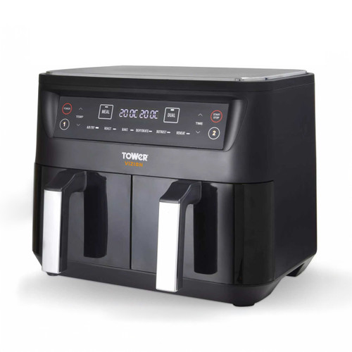 Tower Vortx Vizion black 8L dual basket air fryer photographed on a white background, showing digital control panel and two baskets.