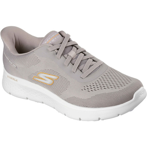 Light grey athletic shoe with a white sole, featuring a mesh upper for breathability and a logo on the side. The shoe conveys a sense of comfort.
