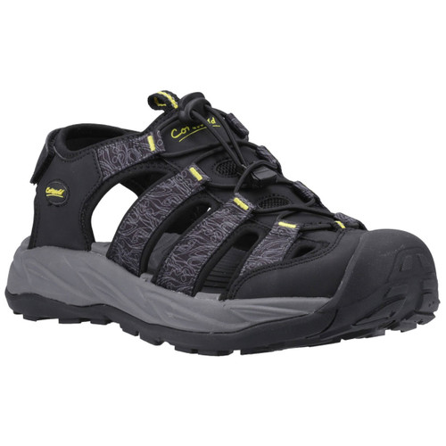 Black open-toe hiking sandal with rugged grey sole and intricate patterned straps. Features yellow accents, creating an adventurous, sporty feel.