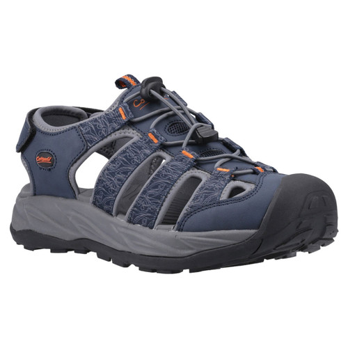 Dark blue and gray outdoor sandal with reinforced toe cap, patterned straps, and orange accents. Designed for durability and comfort.