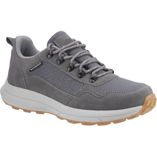 Grey waterproof sneaker with suede and mesh upper, thick white sole, and gum-coloured tread. Features round laces and a comfortable, durable design.
