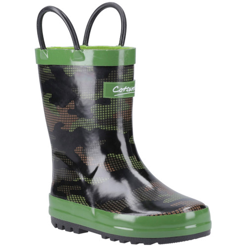 A single child's rain boot with a camouflage pattern and green accents. It features two black handles for easy pulling on or off, conveying a playful, adventurous tone.