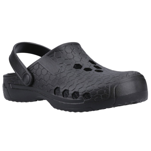 Black rubber clog with a hexagonal pattern and holes on the upper surface. A strap around the heel adds support, conveying a casual, practical vibe.