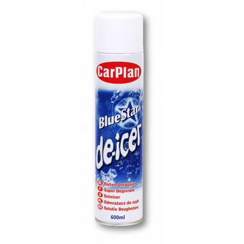 Aerosol can of CarPlan BlueStar de-icer, 600ml, with a blue icy design. The text highlights its function in multiple languages, conveying practicality.