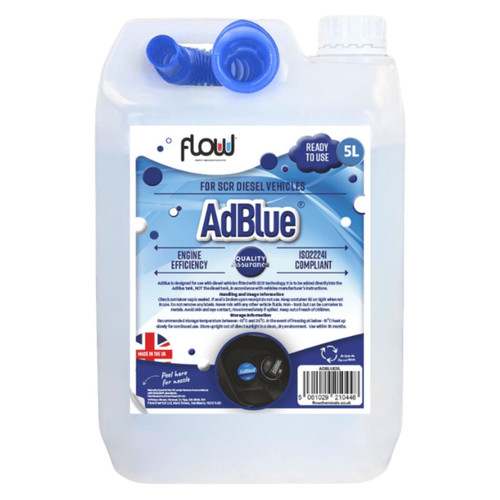 Clear 5-litre AdBlue container for SCR diesel vehicles. Features blue label, nozzle, and text about engine efficiency and compliance. Professional tone.