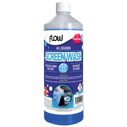 Bottle of "All Season Screen Wash" with a blue label. Promises protection from freezing and intensive cleaning. Brand logo at top, safety icons below.