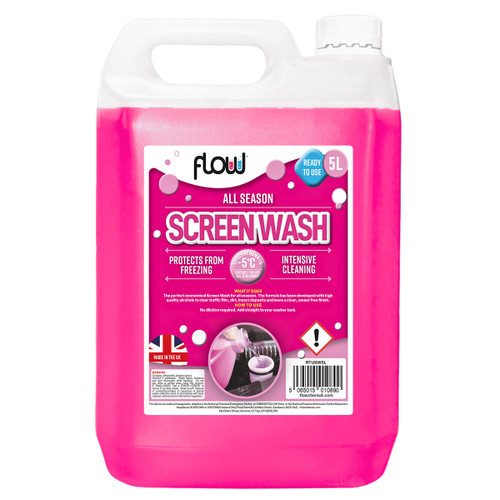 Large, pink 5-litre screen wash container labelled "Flow" for all seasons. Promises protection from freezing, intensive cleaning, and is ready to use.