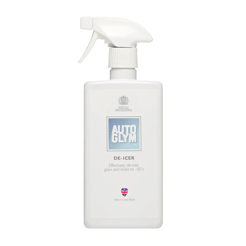 White spray bottle with "Autoglym De-Icer" label. Features British emblem, text detailing use for de-icing to -50°C, and UK flag. Clean, functional design.