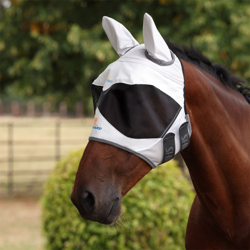 Bay horse wearing a white and grey fly mask with black mesh panels and ear covers in a paddock.