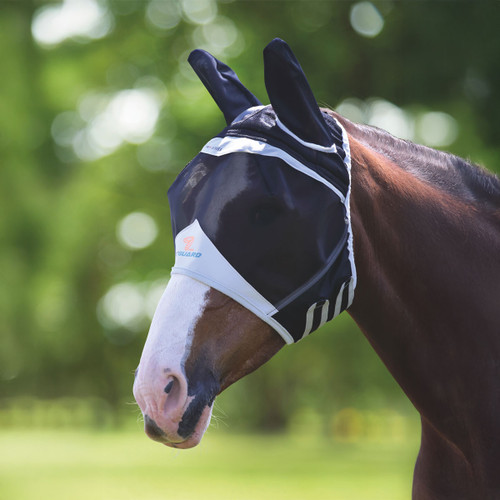 Horse wearing a black FlyGuard Pro fly mask with ear covers, shown outdoors in a grassy paddock.