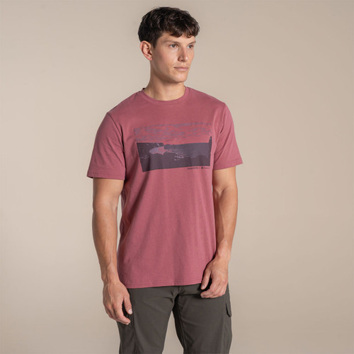 Model wearing a red short-sleeve T-shirt with a scenic print on the chest, shown from the front.
