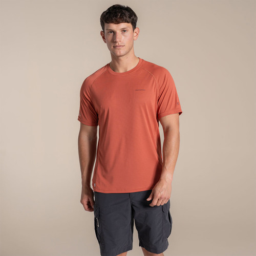Model wearing dark salmon striped Craghoppers NosiLife SolarShield+ T-shirt with cargo shorts.