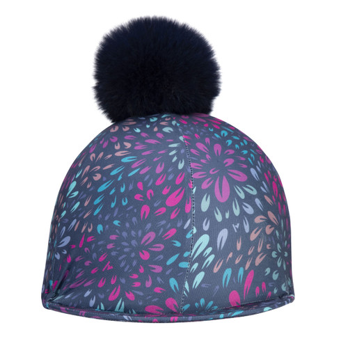 Navy riding helmet cover with multicolour firework print and black faux fur pom pom, front view.