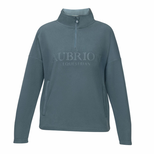 Thyme green Aubrion Equestrian quarter-zip fleece sweatshirt with embossed logo and side pockets, front view on white background.
