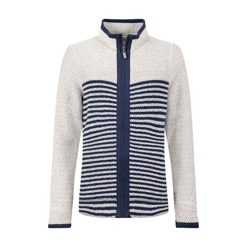 Ecru and navy striped zip-up knit jacket with a stand collar, full-length navy zip placket, and long sleeves.