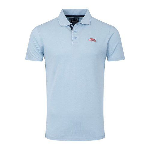 Light blue short-sleeve piqué polo shirt with a three-button placket and small red Weird Fish logo on the left chest, shown on a white background.