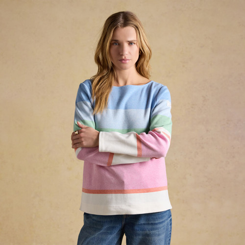 Model wearing a pastel striped long-sleeve jumper in blue, green, pink and cream with boat neckline, styled with blue jeans.
