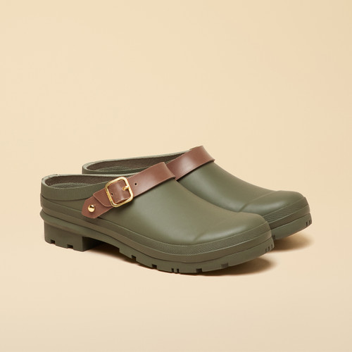 Khaki green Joules clog shoes with brown adjustable buckle strap, shown from a front three-quarter angle on a neutral background.