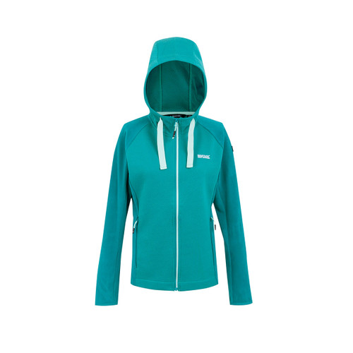 Women’s Ivy Moss hooded zip-through fleece with full-length zip, white drawcord hood and two zipped hand pockets, on a white background.