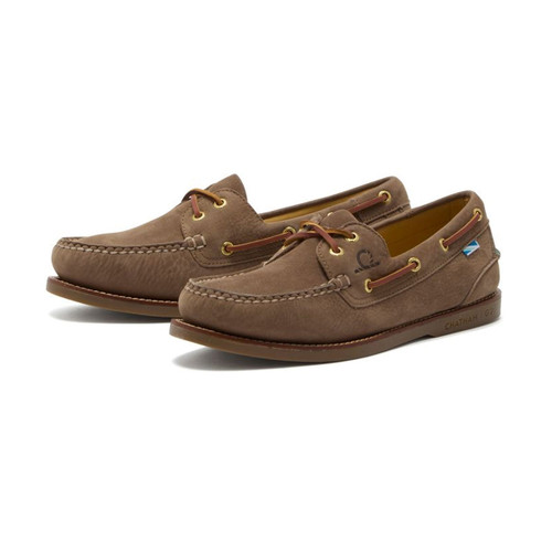 Pair of brown Chatham G2 boat shoes angled on a white background, showing the stitched toe and leather lace detailing.