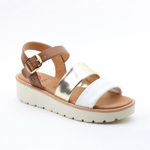 Wedge sandal with white and metallic gold front straps, a tan ankle strap with a gold buckle, and a chunky off-white sole on a white background.