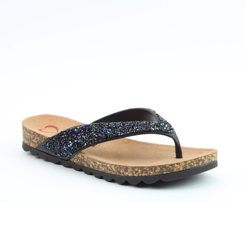 Black glitter thong sandal with a cork footbed and textured black sole on a white background.
